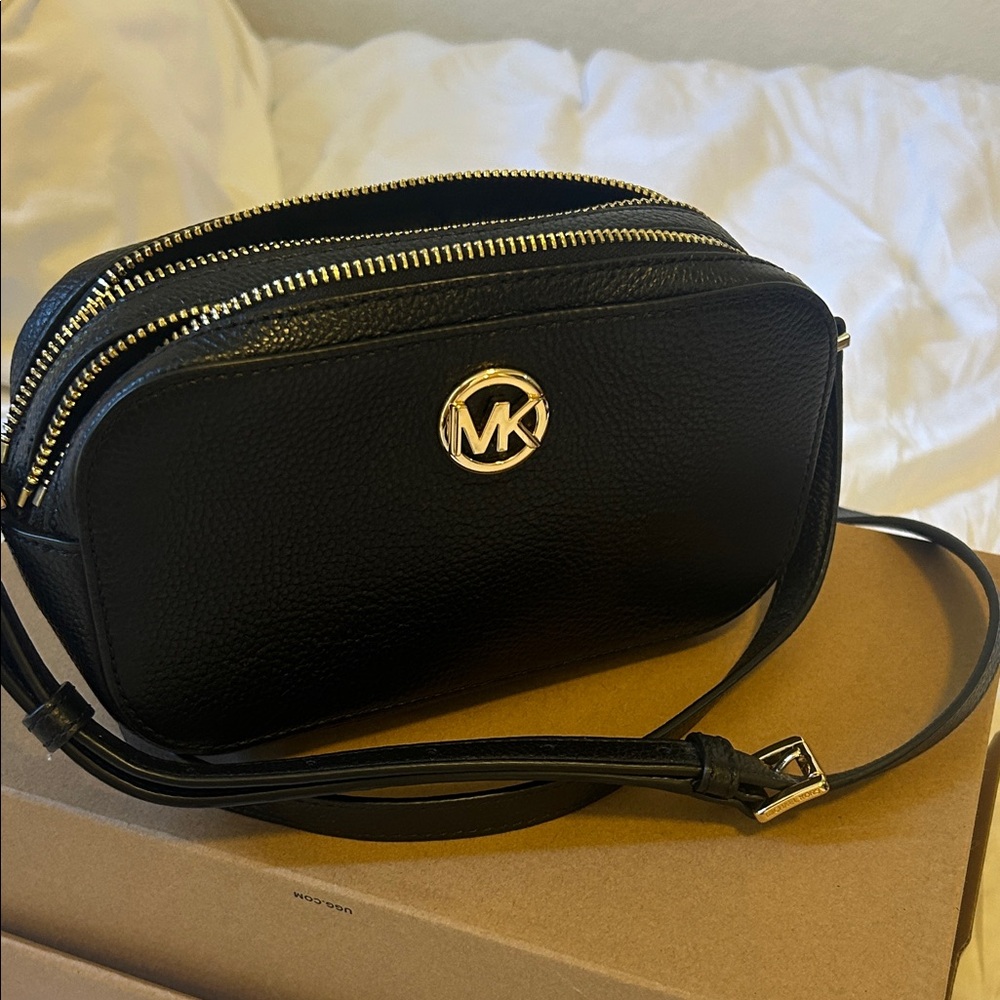 Michael Kors Black Leather Crossbody with Gold Logo